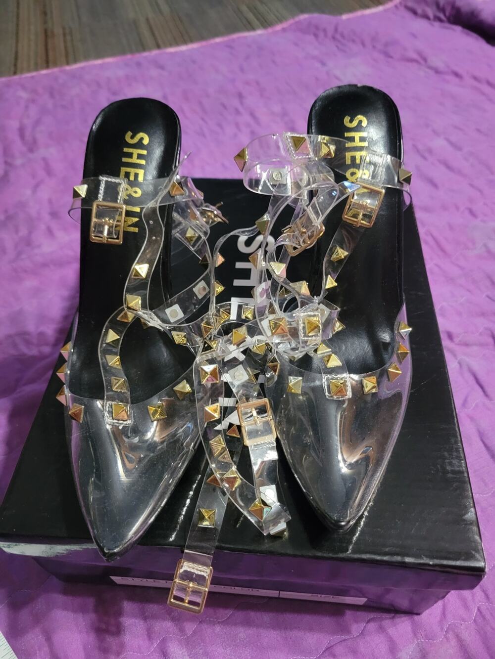 She & In Clear Transparent Strappy Gold Studded Pointed Toe Heels Size 37 US 6.5